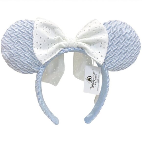Disney Parks Blue Minnie Mouse Ears Headband White Lace Bow - Picture 1 of 3